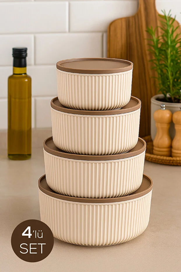 4'lü Yuvarlak Saklama Kabı Seti Çizgili Bej | 2.5l 1.5l 0.80l 0.45l | Mikrodalga Ve Dondurucu Uyumlu